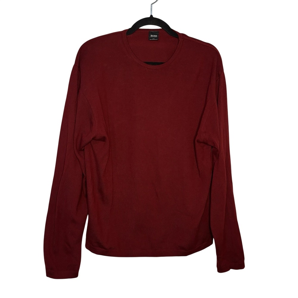 Hugo Boss Mens Burgundy 100% Extrafine Merino Wool Crewneck Sweater Regular Fit